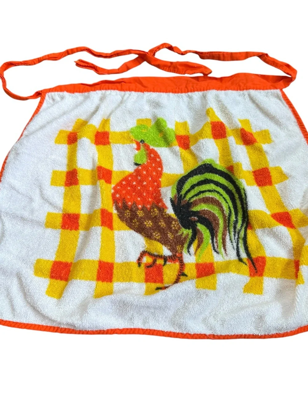 1970’s Terry Cloth Half Apron Rooster And Kitchen Towel Retro MCM Terrycloth